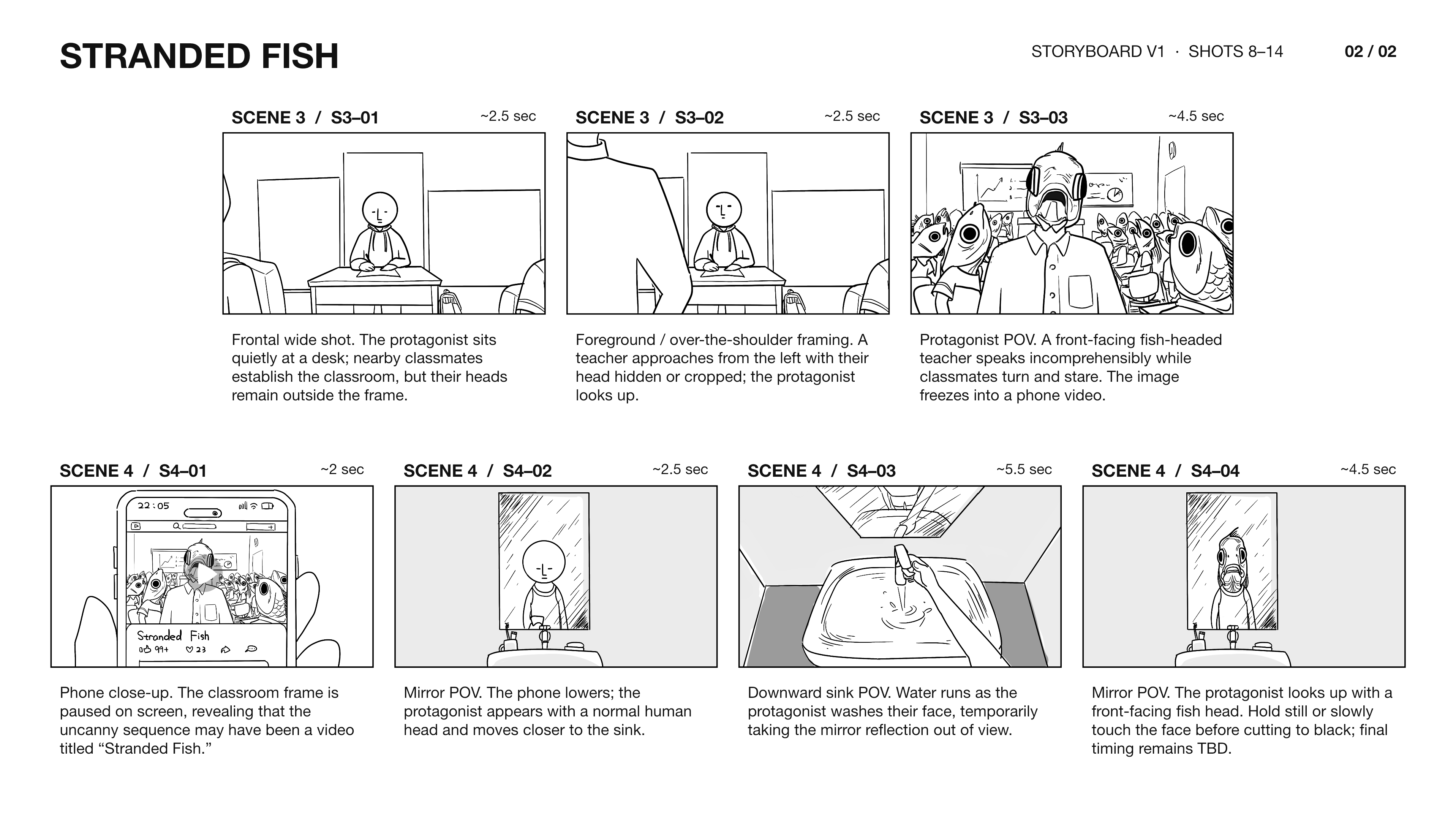 Storyboard V1, shots 8 to 14: classroom, phone and bathroom mirror scenes.